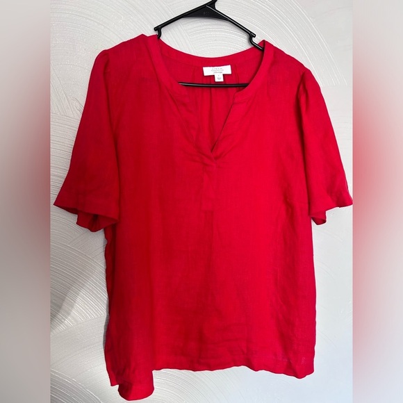 Charter Club Luxury Red 100% Linen Women's Blouse Tie Sleeve V-Neck - Picture 1 of 6